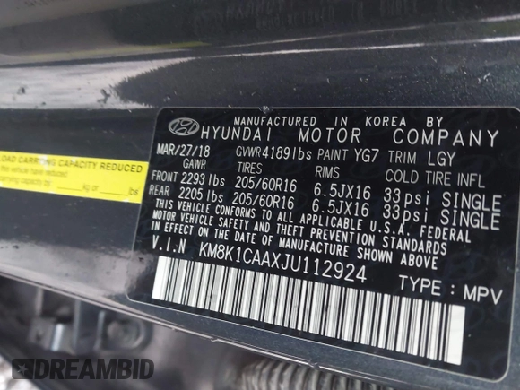 2018 Hyundai Kona SE with VIN KM8K1CAAXJU112924, listed as a IAAI auction lot 41567913 with 84,816 mi miles and . Bid and sale history available at DreamBid. Image 9.