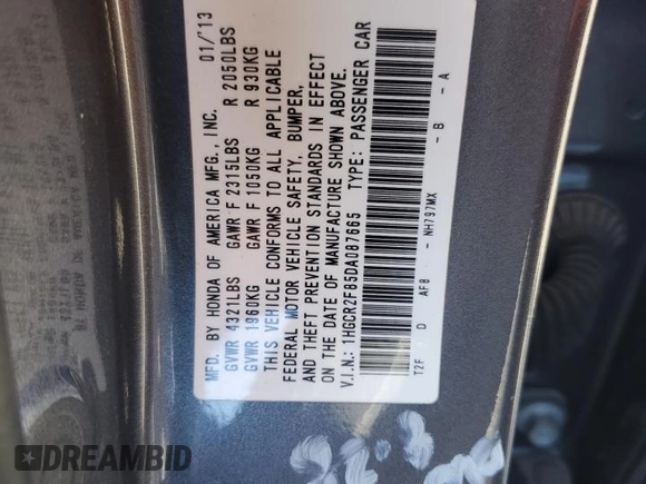 2013 Honda Accord Sdn EX-L with VIN 1HGCR2F85DA087665, listed as a Copart auction lot 48190605 with 145,498 mi miles and Salvage Title. Bid and sale history available at carsss.com. Image 12.