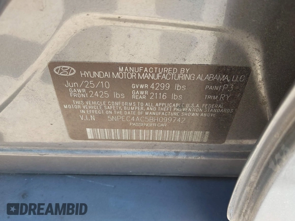 2011 Hyundai Sonata Limited with VIN 5NPEC4AC5BH099742, listed as a IAAI auction lot 41638390 with 253,677 mi miles and . Bid and sale history available at DreamBid. Image 9.