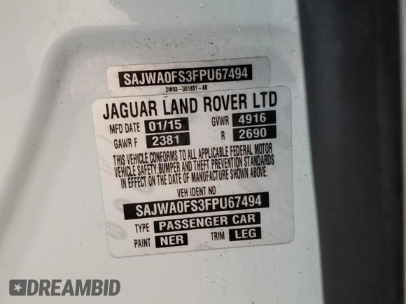 2015 Jaguar XF T Premium with VIN SAJWA0FS3FPU67494, listed as a Copart auction lot 83887334 with 112,379 mi miles and Salvage Title. Bid and sale history available at carsss.com. Image 12.