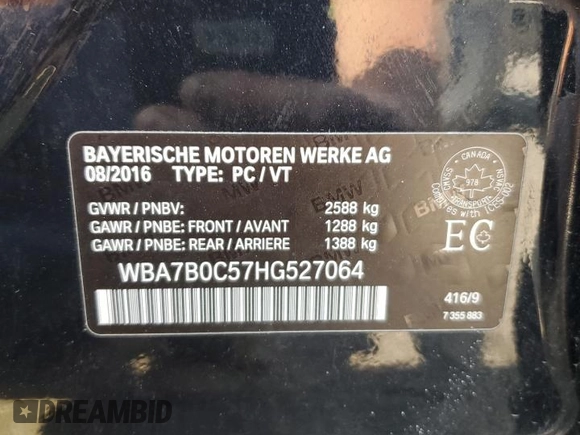 2017 BMW 7 Series 750i xDrive with VIN WBA7B0C57HG527064, listed as a Copart auction lot 62463405 with 103,454 mi miles and Salvage title. Bid and sale history available at DreamBid. Image 13.