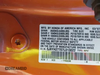 2007 Honda Element EX with VIN 5J6YH27707L013022, listed as a IAAI auction lot 41252088 with 92,147 mi miles and . Bid and sale history available at DreamBid. Image 9.