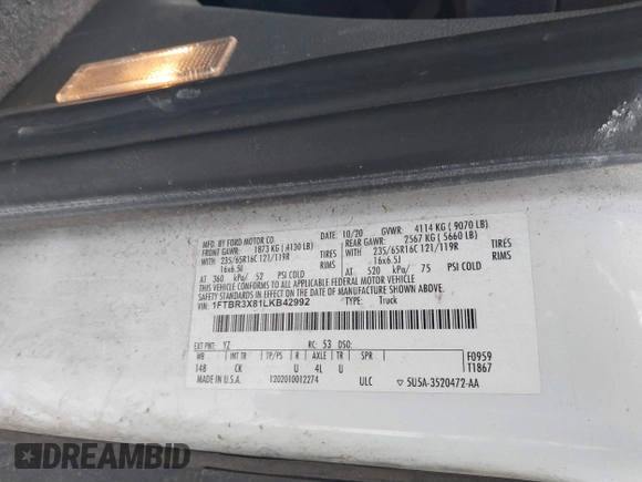 2020 Ford Transit Cargo with VIN 1FTBR3X81LKB42992, listed as a IAAI auction lot 41363461 with 206,522 mi miles and . Bid and sale history available at carsss.com. Image 9.