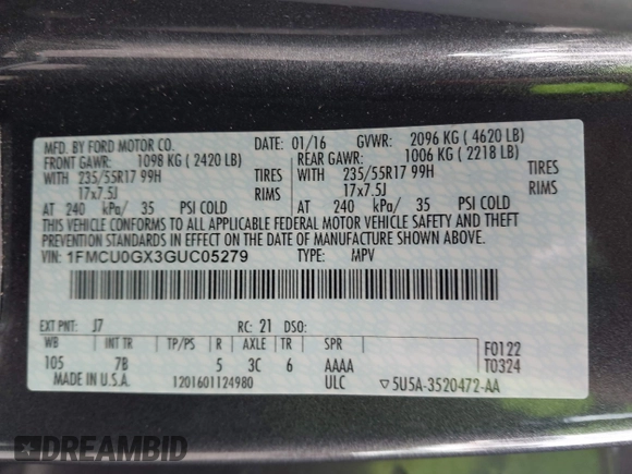 2016 Ford Escape SE with VIN 1FMCU0GX3GUC05279, listed as a IAAI auction lot 42142557 with 87,177 mi miles. Bid and sale history available at carsss.com. Image 9.