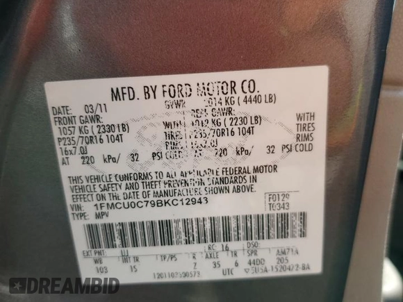 2011 Ford Escape XLS with VIN 1FMCU0C79BKC12943, listed as a Copart auction lot 64702085 with 151,117 mi miles and Clean title. Bid and sale history available at DreamBid. Image 13.