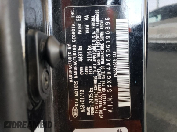 2013 Kia Optima SX с VIN 5XXGR4A65DG190896, выставлен на аукционе Copart как лот 59630485 с пробегом 136 385 миль миль и Списание • Salvage title. История ставок и продаж доступна на DreamBid. Изображение 12.