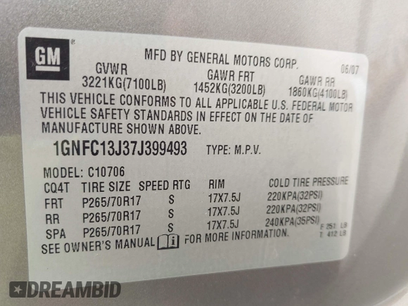 2007 Chevrolet Tahoe LTZ with VIN 1GNFC13J37J399493, listed as a IAAI auction lot 42656195 with 231,950 mi miles and . Bid and sale history available at DreamBid. Image 9.
