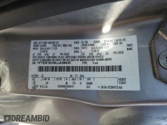 2020 Ford Ranger XL with VIN 1FTER1EH9LLA58935, listed as a Copart auction lot 56189695 with 14,283 mi miles and Salvage Title. Bid and sale history available at DreamBid. Image 12.