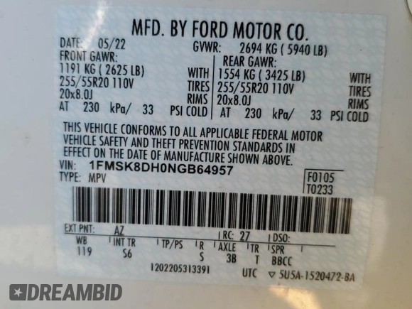 2022 Ford Explorer XLT with VIN 1FMSK8DH0NGB64957, listed as a Copart auction lot 54223705 with 18,467 mi miles and Salvage Title. Bid and sale history available at DreamBid. Image 14.