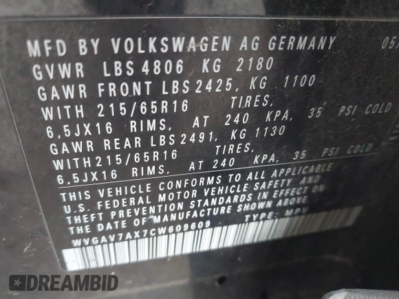 2012 Volkswagen Tiguan SE with VIN WVGAV7AX7CW609609, listed as a IAAI auction lot 41947280 with 77,942 mi miles and . Bid and sale history available at DreamBid. Image 9.