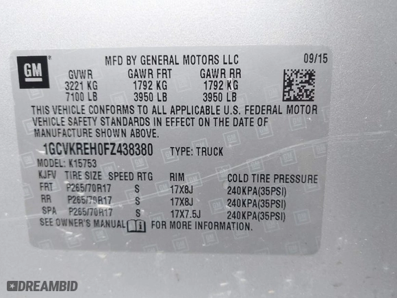2015 Chevrolet Silverado 1500 LT with VIN 1GCVKREH0FZ438380, listed as a IAAI auction lot 41185929 with 16,017 mi miles. Bid and sale history available at carsss.com. Image 9.