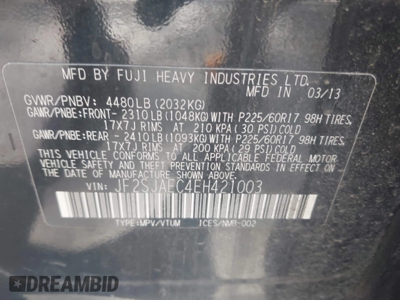 2014 Subaru Forester Premium with VIN JF2SJAEC4EH421003, listed as a IAAI auction lot 42094407 with 110,940 mi miles and . Bid and sale history available at DreamBid. Image 9.