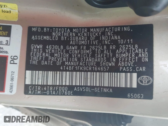 2012 Toyota Camry L with VIN 4T4BF1FK9CR164657, listed as a IAAI auction lot 40900844 with 113,666 mi miles and . Bid and sale history available at DreamBid. Image 9.