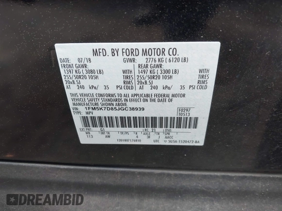 2018 Ford Explorer XLT with VIN 1FM5K7D85JGC38939, listed as a IAAI auction lot 42094891 with 122,399 mi miles and . Bid and sale history available at DreamBid. Image 9.