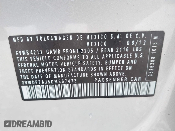 2013 Volkswagen Jetta SE с VIN 3VWDP7AJ5DM367473, выставлен на аукционе IAAI как лот 42541037 с пробегом 132 614 миль миль и . История ставок и продаж доступна на DreamBid. Изображение 9.