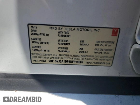2013 Tesla Model S Performance с VIN 5YJSA1DP3DFP10567, выставлен на аукционе Copart как лот 58352955 с пробегом 128 438 миль миль и Списание • Salvage title. История ставок и продаж доступна на DreamBid. Изображение 13.