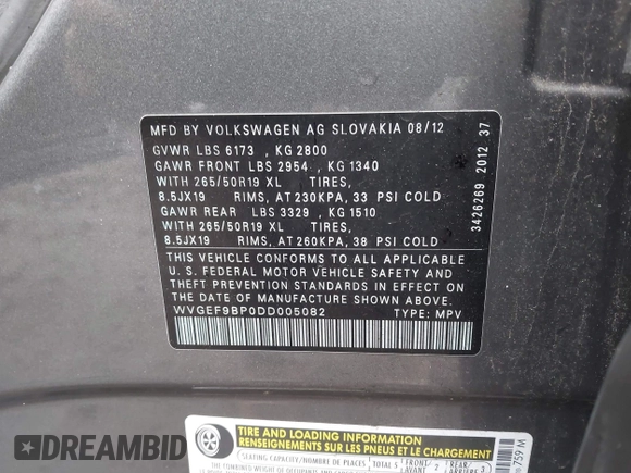2013 Volkswagen Touareg Lux with VIN WVGEF9BP0DD005082, listed as a IAAI auction lot 41667026 with 140,148 mi miles and . Bid and sale history available at DreamBid. Image 9.