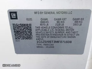 2021 Chevrolet Malibu LT with VIN 1G1ZD5ST3MF071608, listed as a IAAI auction lot 41354558 with 91,681 mi miles. Bid and sale history available at carsss.com. Image 9.