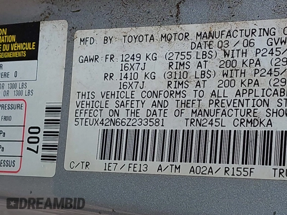 2006 Toyota Tacoma with VIN 5TEUX42N66Z233581, listed as a IAAI auction lot 41897141 with 153,117 mi miles and . Bid and sale history available at DreamBid. Image 9.