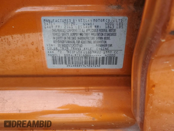 2020 Nissan Sentra SR with VIN 3N1AB8DV7LY217142, listed as a Copart auction lot 50241005 with 105,559 mi miles and Salvage Title. Bid and sale history available at DreamBid. Image 14.