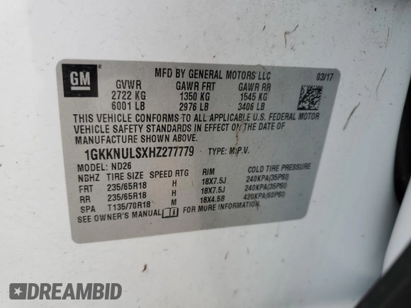 2017 GMC Acadia SLT with VIN 1GKKNULSXHZ277779, listed as a Copart auction lot 52732135 with 194,061 mi miles and Salvage title. Bid and sale history available at DreamBid. Image 15.