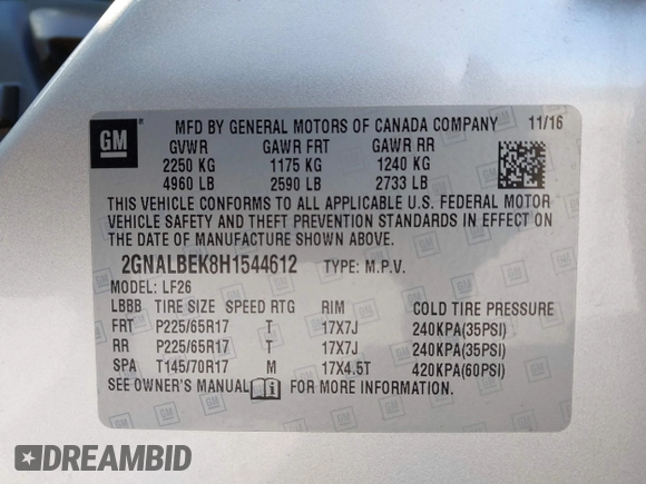 2017 Chevrolet Equinox LS with VIN 2GNALBEK8H1544612, listed as a IAAI auction lot 41717278 with 184,574 mi miles and . Bid and sale history available at carsss.com. Image 9.