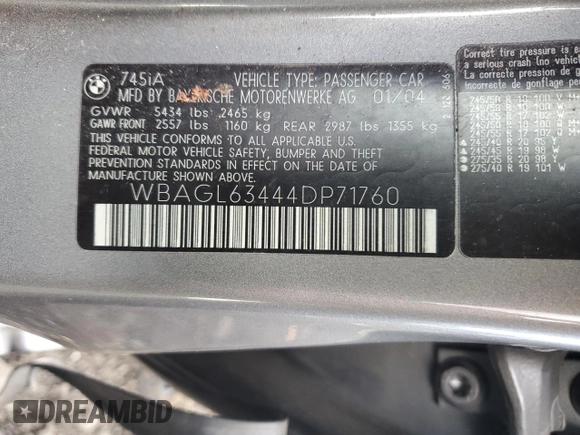 2004 BMW 7 Series 745i with VIN WBAGL63444DP71760, listed as a Copart auction lot 82377444 with 289,762 mi miles and Salvage Title. Bid and sale history available at DreamBid. Image 12.