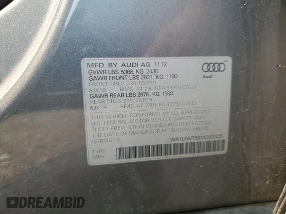 2013 Audi Q5 Premium Plus with VIN WA1LFAFP8DA033425, listed as a Copart auction lot 58250535 with 85,015 mi miles and Salvage title. Bid and sale history available at DreamBid. Image 12.