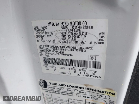 2012 Ford F-150 XL with VIN 1FTFW1EF9CFB86604, listed as a IAAI auction lot 41890486 with 150,102 mi miles and . Bid and sale history available at DreamBid. Image 9.