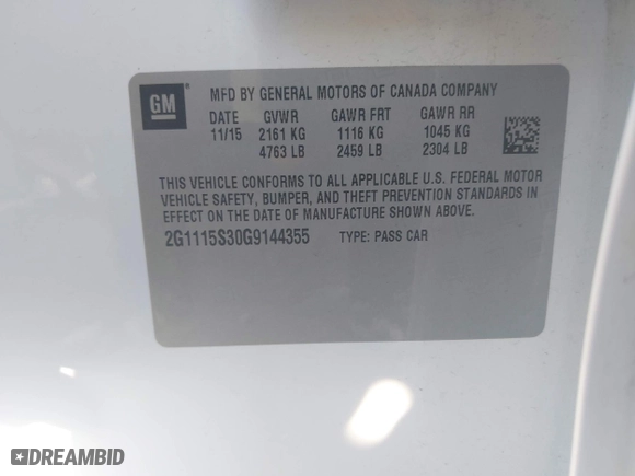 2016 Chevrolet Impala LT with VIN 2G1115S30G9144355, listed as a IAAI auction lot 42111263 with 88,883 mi miles. Bid and sale history available at carsss.com. Image 9.