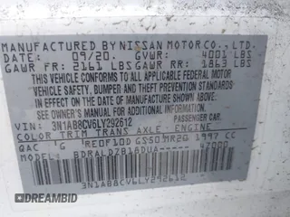 2020 Nissan Sentra SV z VIN 3N1AB8CV6LY292612, wystawiony jako IAAI lot #41924671 z przebiegiem 104 253 mil mil oraz . Historia ofert i sprzedaży dostępna na DreamBid. Obrazek 9.