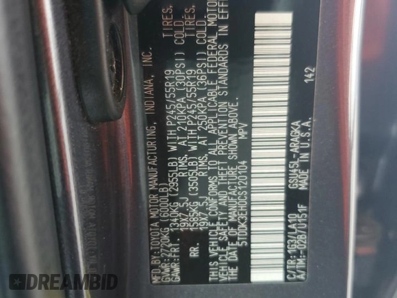 2012 Toyota Highlander Limited z VIN 5TDDK3EH0CS120104, wystawiony jako Copart lot #61293825 z przebiegiem 108 592 mil mil oraz Szkoda całkowita • Salvage title. Historia ofert i sprzedaży dostępna na DreamBid. Obrazek 12.