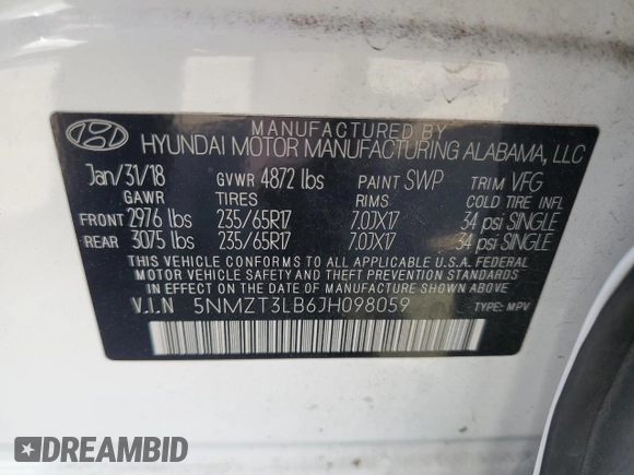 2018 Hyundai Santa Fe 2.4L with VIN 5NMZT3LB6JH098059, listed as a Copart auction lot 66133005 with 62,963 mi miles and Clean title. Bid and sale history available at DreamBid. Image 13.