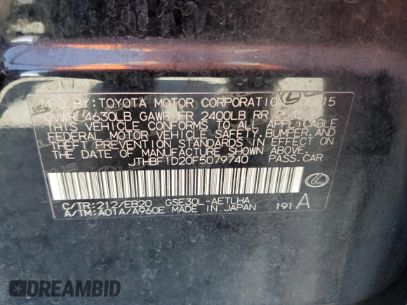2015 Lexus IS 250 with VIN JTHBF1D20F5079740, listed as a Copart auction lot 58092525 with 145,307 mi miles and Salvage title. Bid and sale history available at DreamBid. Image 13.