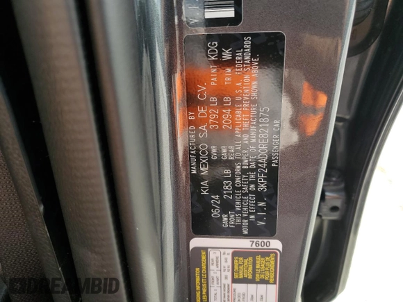 2024 Kia Forte LXS with VIN 3KPF24AD0RE821875, listed as a Copart auction lot 79937394 with 2,592 mi miles and Non Repairable. Bid and sale history available at DreamBid. Image 12.