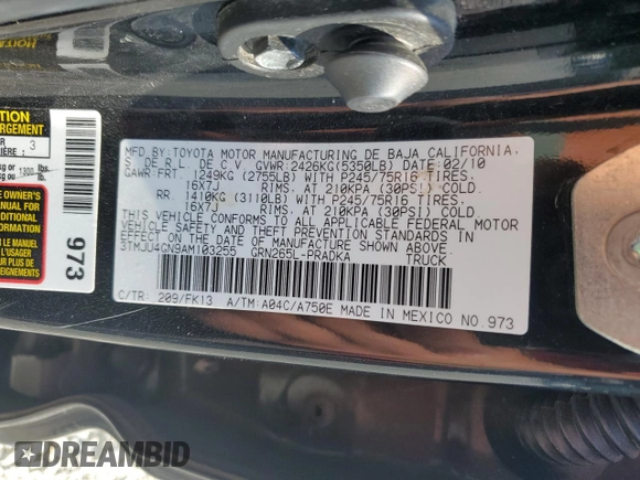 2010 Toyota Tacoma PreRunner с VIN 3TMJU4GN9AM103255, выставлен на аукционе Copart как лот 53799655 с пробегом 210 998 миль миль и Списание • Salvage title. История ставок и продаж доступна на DreamBid. Изображение 12.