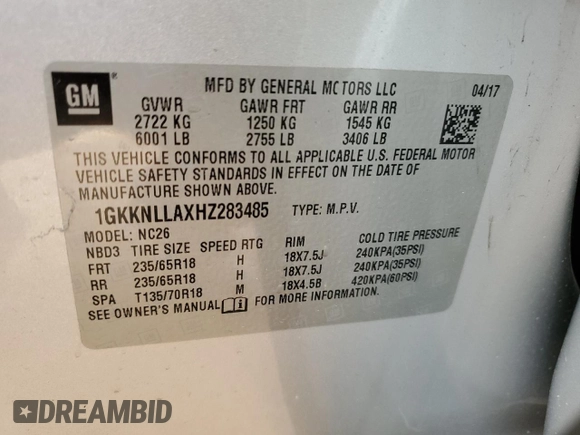 2017 GMC Acadia SLE with VIN 1GKKNLLAXHZ283485, listed as a Copart auction lot 45346725 with 101,447 mi miles and Salvage Title. Bid and sale history available at carsss.com. Image 14.