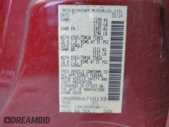 2014 Nissan Frontier SV with VIN 1N6AD0ERXEN750139, listed as a Copart auction lot 43725155 with 35,023 mi miles and Salvage Title. Bid and sale history available at DreamBid. Image 12.