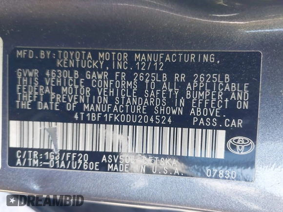 2013 Toyota Camry L with VIN 4T1BF1FK0DU204524, listed as a IAAI auction lot 41842065 with 168,202 mi miles. Bid and sale history available at carsss.com. Image 9.