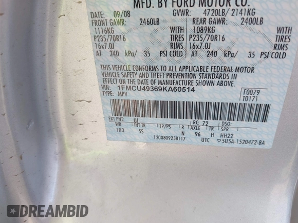 2009 Ford Escape Hybrid with VIN 1FMCU49369KA60514, listed as a IAAI auction lot 42203433 with 196,000 mi miles and . Bid and sale history available at DreamBid. Image 9.