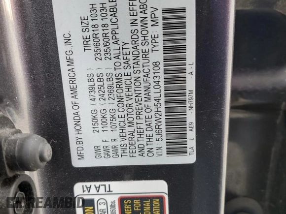 2020 Honda CR-V EX with VIN 5J6RW2H54LL043108, listed as a Copart auction lot 50915045 with 68,106 mi miles and Salvage Title. Bid and sale history available at DreamBid. Image 14.
