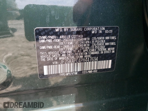 2023 Subaru Forester Limited with VIN JF2SKAPC4PH447694, listed as a Copart auction lot 56297865 with 12,029 mi miles and Salvage title. Bid and sale history available at DreamBid. Image 14.