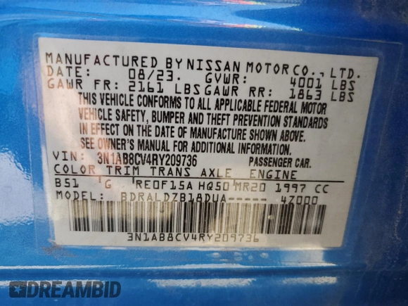 2024 Nissan Sentra SV with VIN 3N1AB8CV4RY209736, listed as a Copart auction lot 47422365 with 21,329 mi miles and Salvage Title. Bid and sale history available at DreamBid. Image 13.