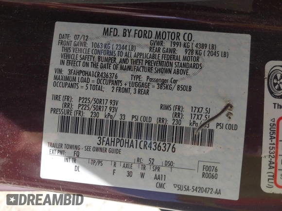 2012 Ford Fusion SE z VIN 3FAHP0HA1CR436376, wystawiony jako IAAI lot #41746291 z przebiegiem 148 748 mil mil oraz . Historia ofert i sprzedaży dostępna na DreamBid. Obrazek 9.