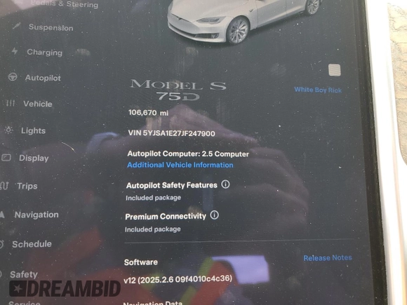 2018 Tesla Model S 75D z VIN 5YJSA1E27JF247900, wystawiony jako Copart lot #52014375 z przebiegiem 106 670 mil mil oraz Szkoda całkowita • Salvage title. Historia ofert i sprzedaży dostępna na DreamBid. Obrazek 9.