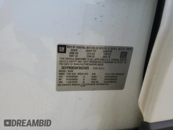 2015 Cadillac SRX Premium Collection with VIN 3GYFNDE39FS623425, listed as a Copart auction lot 47740135 with 133,838 mi miles and Salvage title. Bid and sale history available at DreamBid. Image 13.