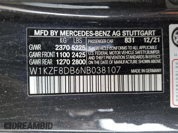 2022 Mercedes-Benz E-Class E 350 with VIN W1KZF8DB6NB038107, listed as a Copart auction lot 48717665 with 0 mi miles and Salvage Title. Bid and sale history available at carsss.com. Image 13.