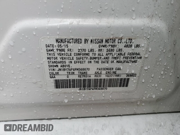 2015 Infiniti Q50 Sport with VIN JN1BV7AP4FM346670, listed as a Copart auction lot 54694985 with 76,347 mi miles and Salvage title. Bid and sale history available at DreamBid. Image 12.