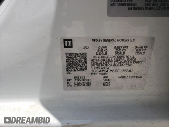 2023 Chevrolet Silverado 3500HD Work Truck with VIN 1GC4YSEY6PF175641, listed as a Copart auction lot 69237754 with 33,168 mi miles and Salvage Title. Bid and sale history available at carsss.com. Image 13.