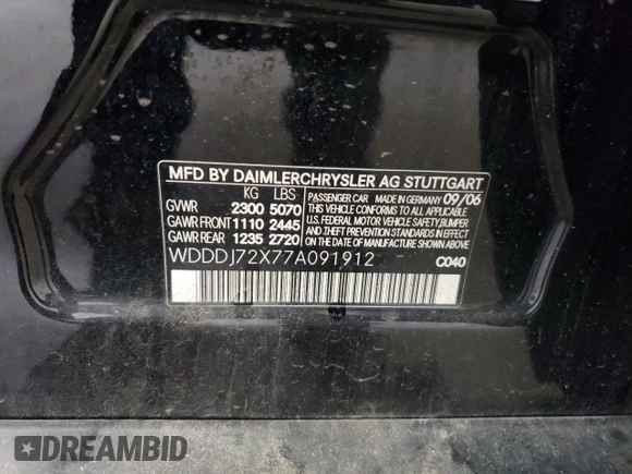2007 Mercedes-Benz CLS-Class 5.5L with VIN WDDDJ72X77A091912, listed as a Copart auction lot 72378144 with 0 mi miles and Salvage Title. Bid and sale history available at carsss.com. Image 12.
